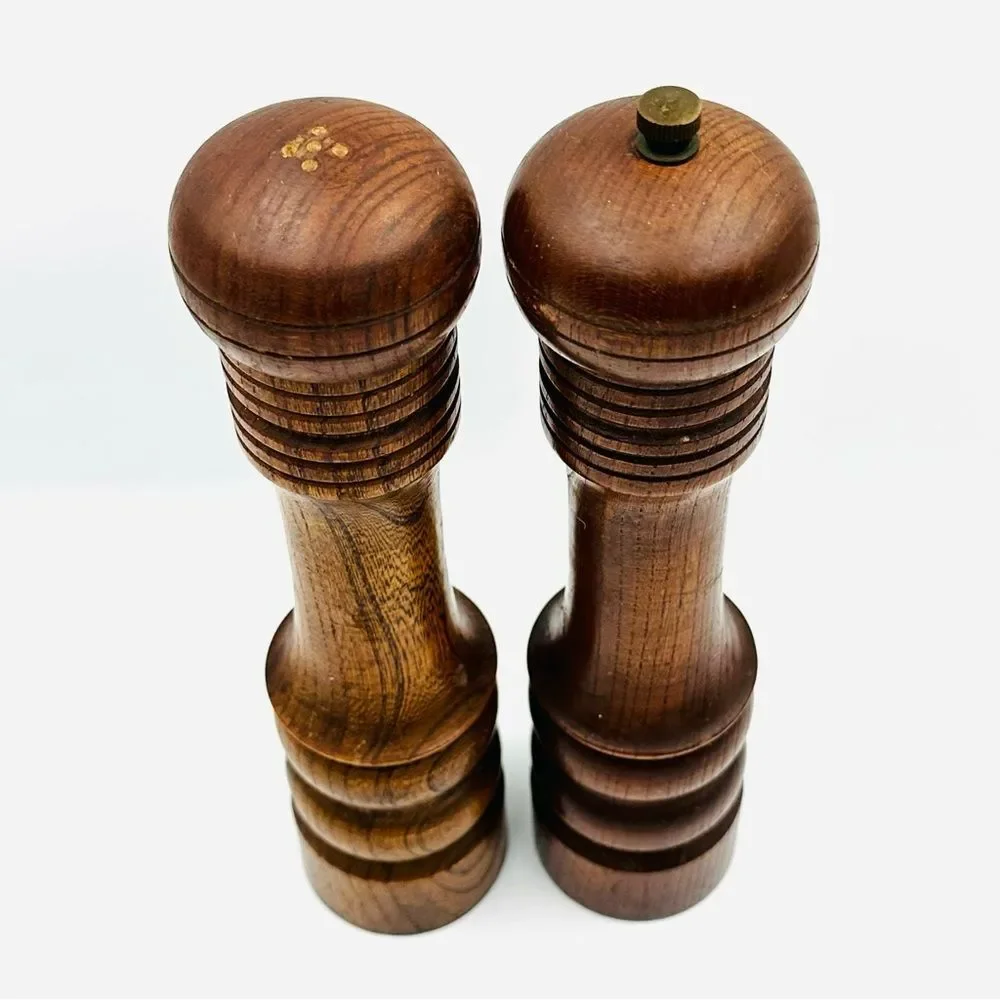 Vintage 1980s Wooden Salt Pepper Grinder Mill Set Large Turned Wood Kitchen Pair